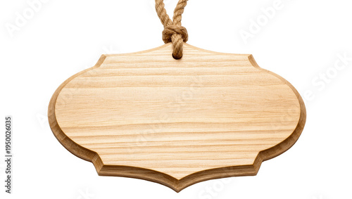 Photos Isolated ornate natural wood plaque hanging from a textured rope, blank customiz
