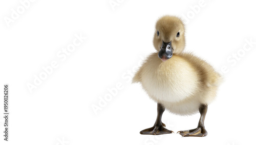 Foto Isolated fluffy yellow baby duckling standing innocently, looking forward with big dark eyes