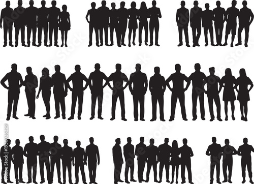 Large comprehensive collection of diverse standing people silhouettes in various group formations and poses