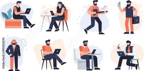 Eight diverse people engaged in various professional and personal activities