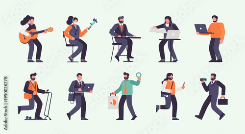 Diverse pixelated individuals engaged in various activities, from music to work