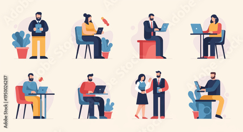 Diverse professionals engaged in various work activities with laptops and tablets