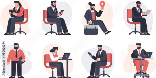 Eight diverse people in professional attire engage with technology and work tools