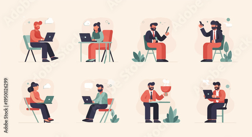 Eight diverse people working on laptops and phones, some with drinks