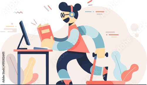 Energetic character on scooter reads book by computer