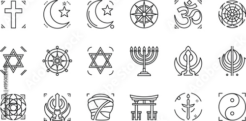 World religion symbols line icon set with cross crescent om yin yang spiritual vector illustration collection
