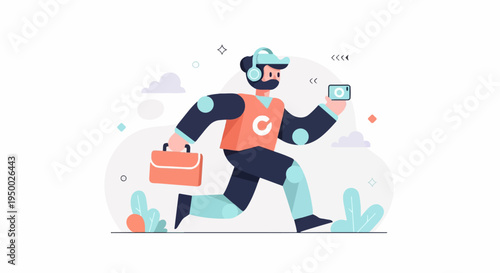 Energetic person with headphones, briefcase, and phone captured mid-stride