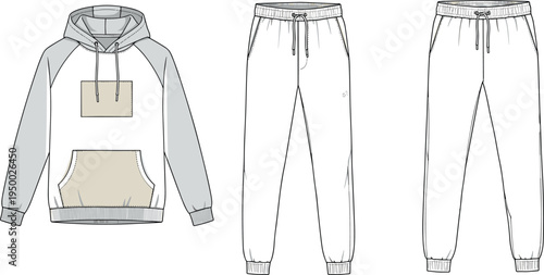 cad drawing flat vector illustration, hoodie and jogger technical sketch, unisex casual wear fashion design template, front back view