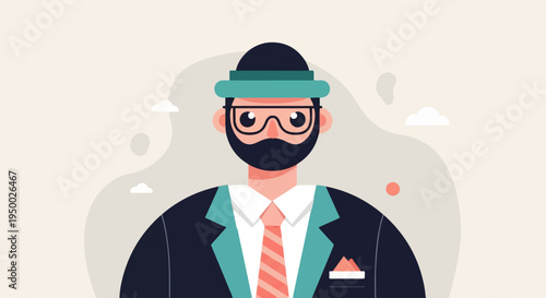 Flat illustration of a formally dressed man with a beard and hat