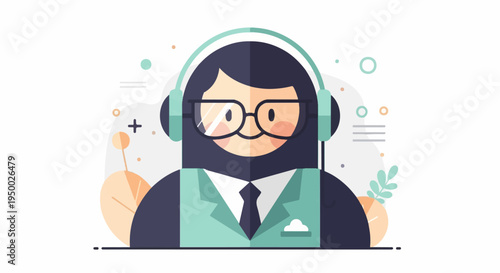 Flat illustration of a friendly customer service representative with headphones and glasses