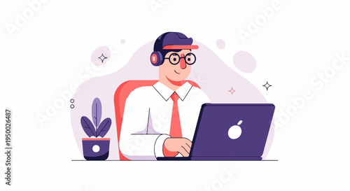 Enthusiastic person in headphones types on laptop with plant nearby