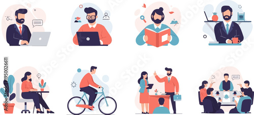 Diverse professionals engaged in various work and leisure activities