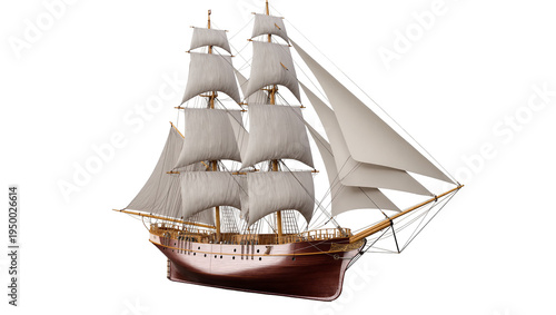 Fotografie Isolated detailed historic tall ship with full sails and wooden hull for maritime history