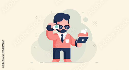 Flat illustration of a man holding a camera and a tablet, with abstract shapes