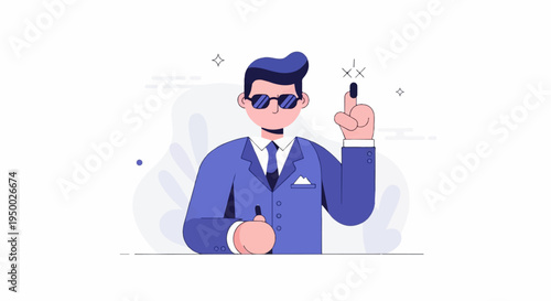 Flat illustration of a man in a blue suit with sunglasses holding a pen