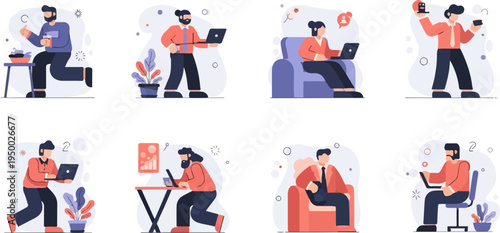 Figures engaged in various activities with digital devices and plants