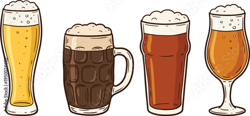 Four different types of beer in glasses for beverage or alcohol concept