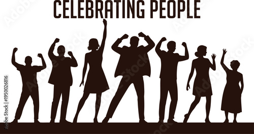 A diverse group of celebrating people with raised arms and fists, standing united