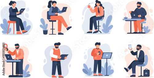 Diverse professionals engage in digital tasks using laptops, tablets, and phones