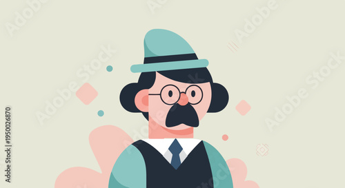 Flat illustration of a man in a hat with mustache and glasses