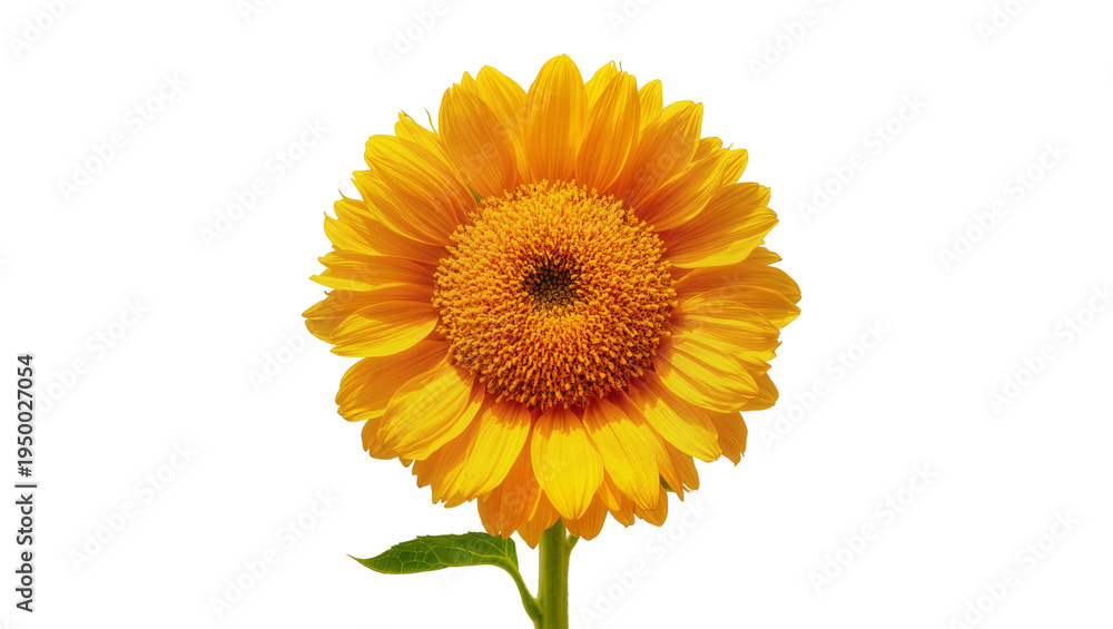 Obraz premium Isolated vibrant yellow sunflower with intricate orange center and fresh green stem