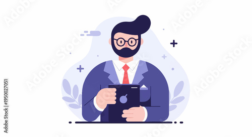 Flat illustration of a man in a suit holding a tablet