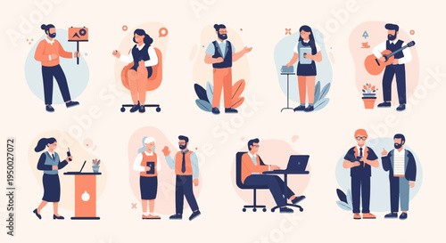 Diverse professionals engage in various business activities and leisure pursuits