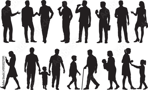 Assortment of human silhouettes including families children and adults engaged in various daily activities