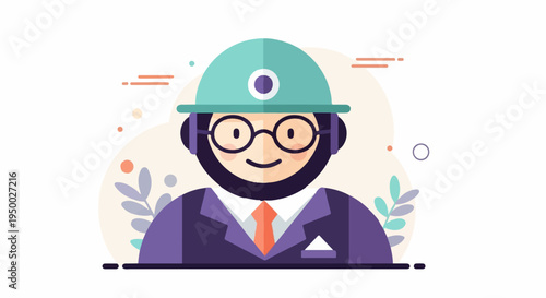 Flat cartoon figure in hard hat, glasses, suit, and tie