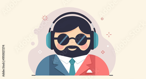 Flat illustration of a man wearing headphones, sunglasses, and a suit