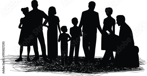 Black silhouettes of a multi generational family group standing and sitting on a scribbled line