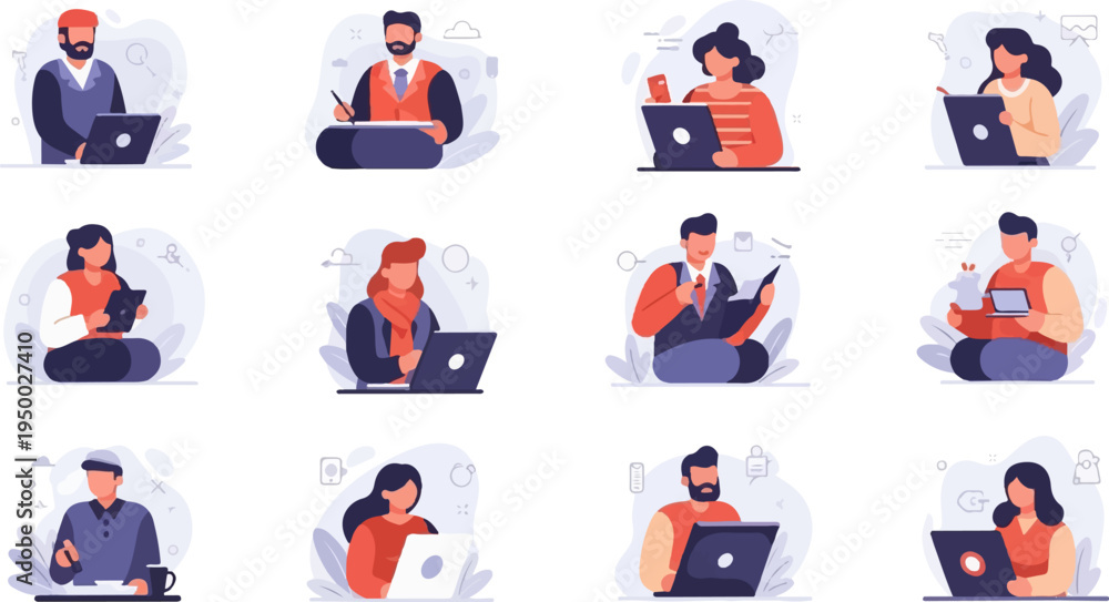 Fototapeta premium Diverse people working with laptops and tablets, diverse tech use