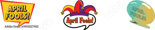 April Fool's Day themed illustration with jester hat, speech bubbles, and playful typography