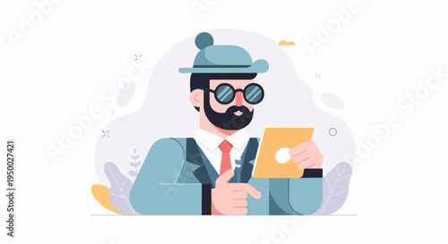 Flat illustration of a man with beard, glasses, and hat using a tablet