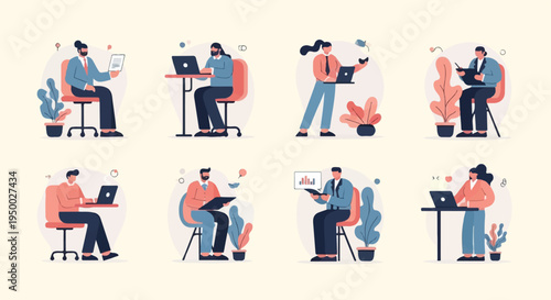 Diverse people working with laptops and documents in minimalist office settings