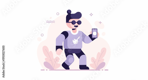 Flat illustration of a person holding a smartphone, with decorative elements
