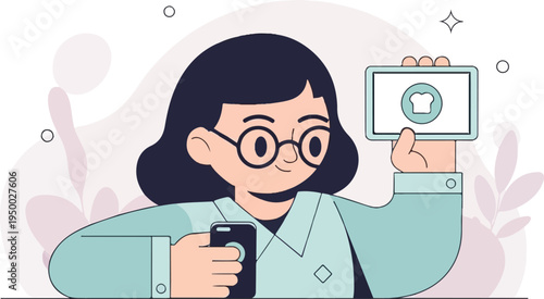 Flat illustration of a person holding a phone and tablet with food icon