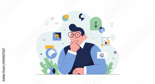 Flat illustration of a pensive person surrounded by icons representing ideas and data