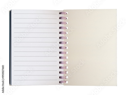 Open spiral notebook with lined page and blank page on transparent background