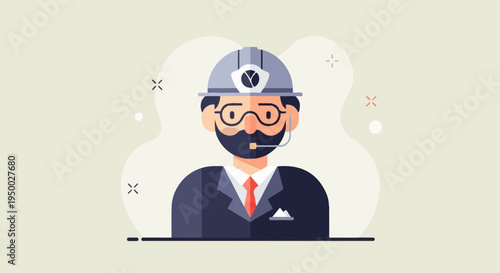 Flat illustration of a person in a hard hat and suit, wearing a headset