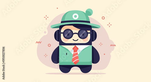 Flat design character in hat, headphones, and tie on pastel background