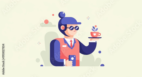 Flat design character in suit serving a cup with a plant and holding a phone