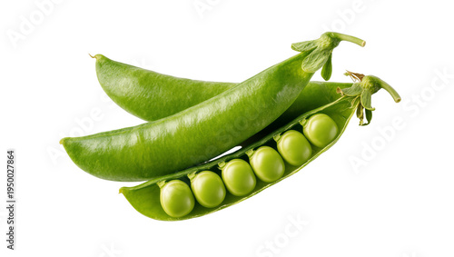 Isolated fresh green pea pods, one open showing vibrant peas inside, healthy organic food