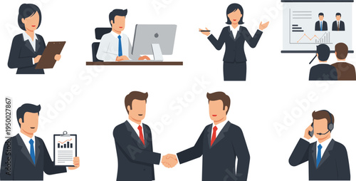 Business and Corporate Icons Set Featuring Professionals, Meetings, Presentations, Handshakes, and Office Work for Digital Media and Websites