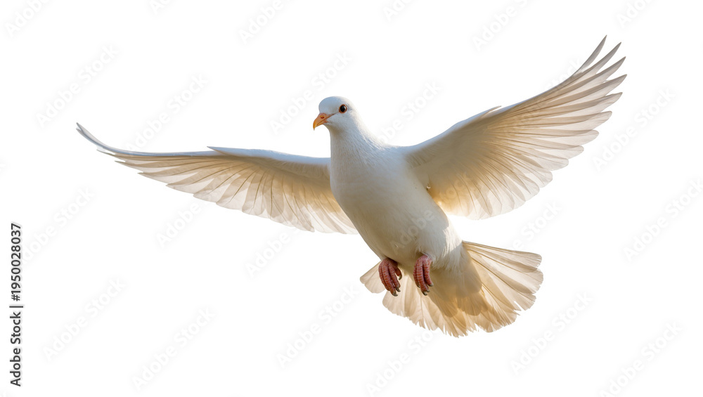 Fototapeta premium Isolated beautiful white dove bird flying with gracefully spread wings, peaceful and pure motion