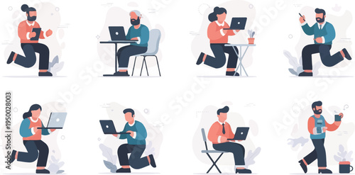 Eight individuals engage in various activities using laptops and tablets