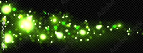 Green light dust. Fairy firefly effect for forest background. Magic twinkle and particle glow isolated texture. Fantasy shining stardust swirl for luxury celebration illustration. Flying fireflies.