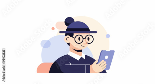 Flat illustration of a person wearing a hat and glasses, holding a tablet device