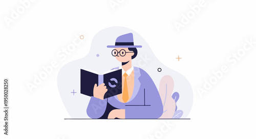 Flat illustration of a person wearing a hat and glasses reading a book