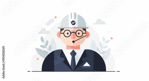 Flat illustration of a person wearing a hard hat and suit, with headset